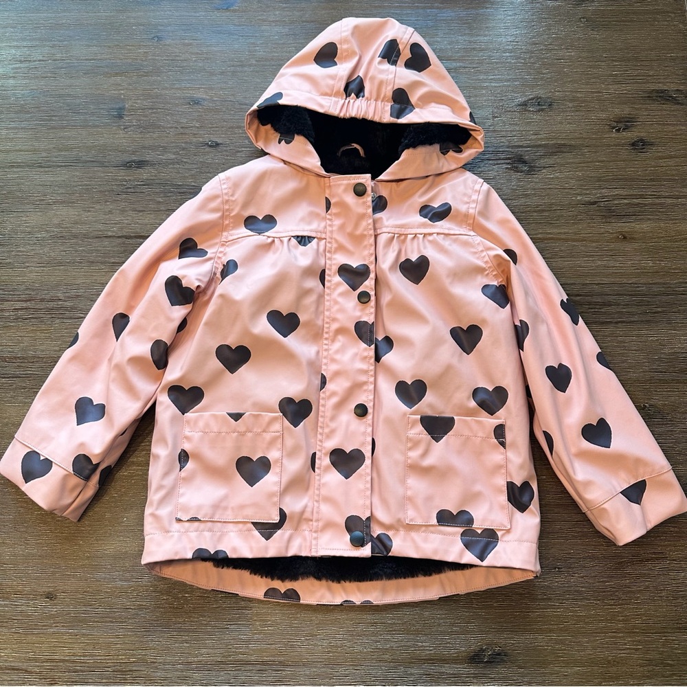 Liv & Lottie Toddler Heart Print Faux Fur Lined Raincoat size 4T